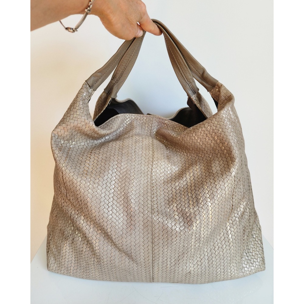 Laura Di Maggio Milano Woven Leather Hobo Bag Beige Gold Made in Italy Large